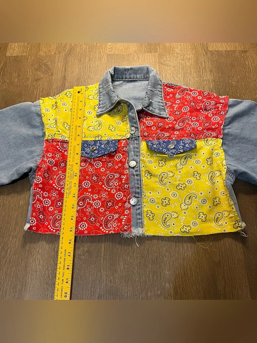 Handmade Bandana Patchwork Cropped Denim Jacket/NWOT (S)